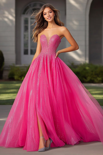 Sparkly Fuchsia A Line Strapless Long Formal Dress with Sequins